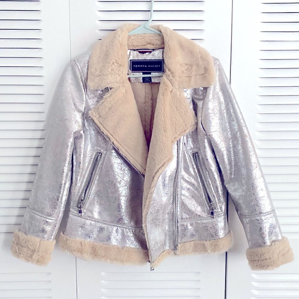 Tommy Hilfiger Metallic Silver Faux Cracked Leather Shearling Coat Jacket